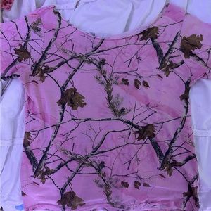 Trendy pink camo off the shoulder top